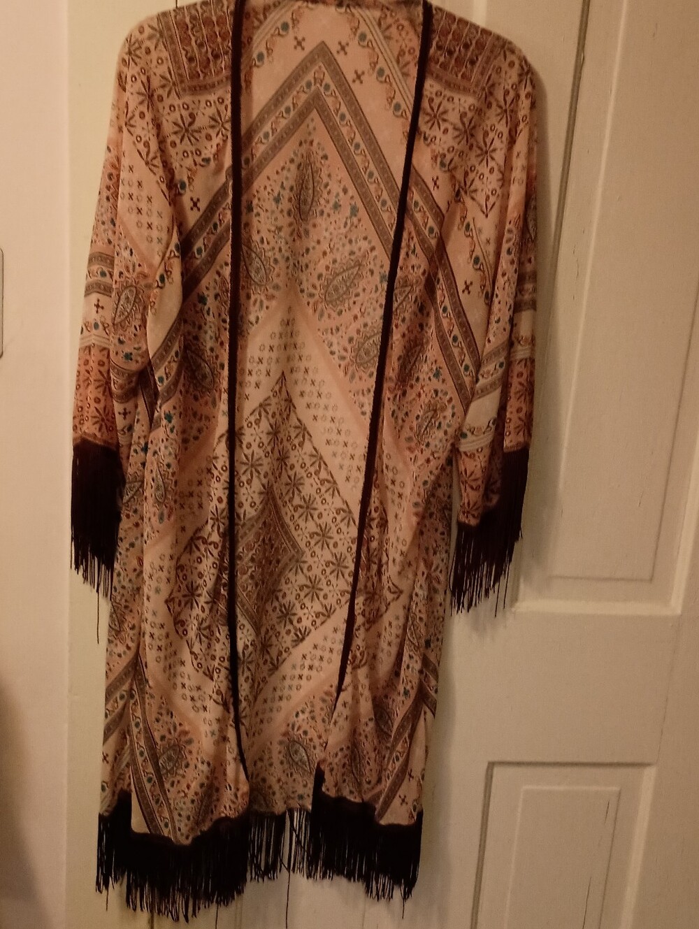 Fringe Open-Front Boho Caftan, Cover-up, Wrap- Pink Paisley